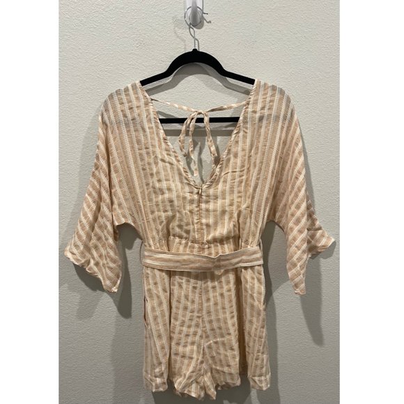 LULUS Weekend At The Beach Tan Striped 3/4 Sleeve Romper - Picture 7 of 7